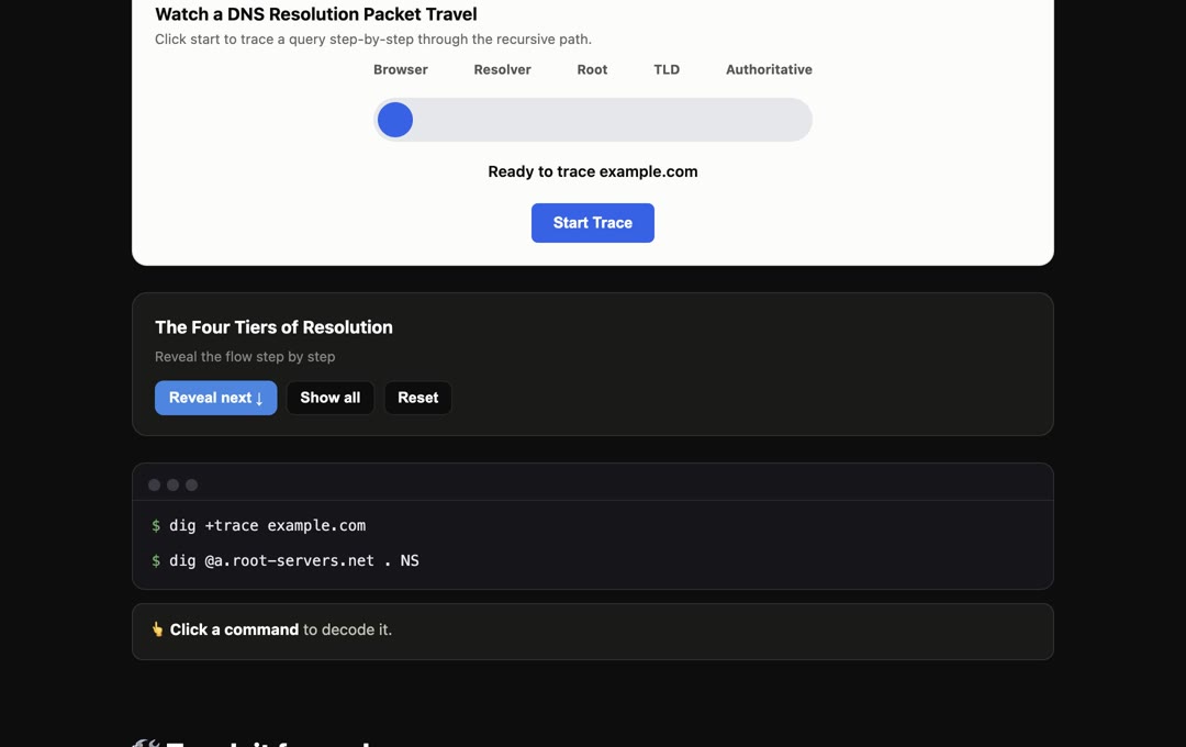 Interactive DNS packet trace inside CourseCast